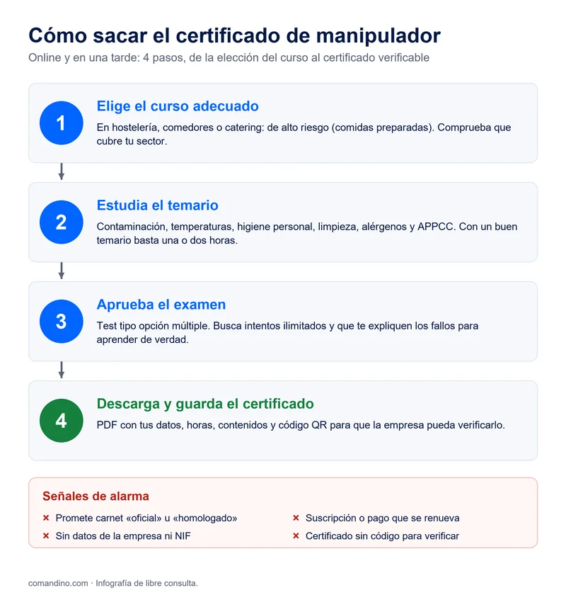 Infografía de cómo sacar el certificado de manipulador de alimentos en 4 pasos: elegir el curso, estudiar el temario, aprobar el examen y descargar el certificado, con señales de alarma