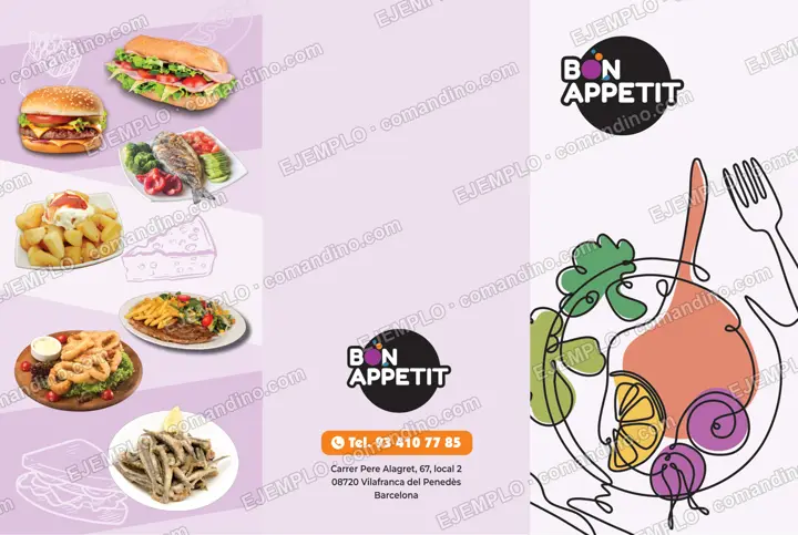Diseño de carta de bar en tríptico con fotos de platos para Bon Appetit de Vilafranca del Penedès, exterior