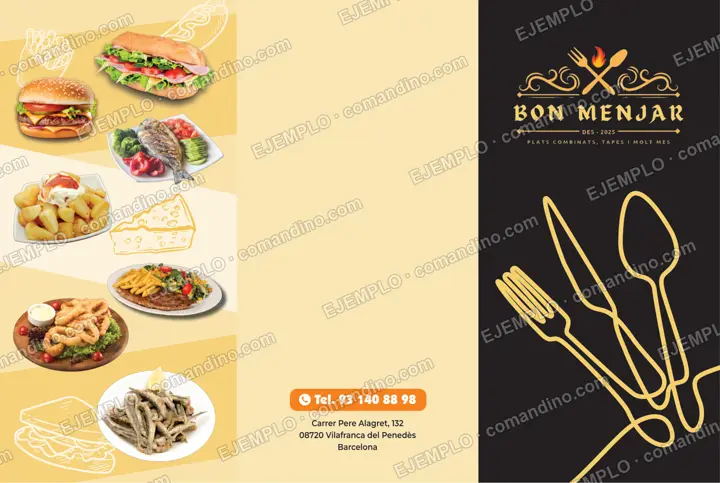 Diseño de carta de bar restaurante en negro y dorado para Bon Menjar de Vilafranca del Penedès, exterior