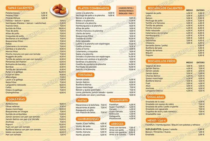 Interior de la carta con tapas calientes y frías, platos combinados, bocadillos, hamburguesas y menú