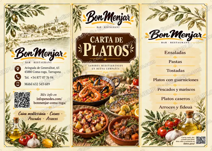Diseño de carta de platos de restaurante en tríptico para Bon Menjar de Coma-ruga, exterior
