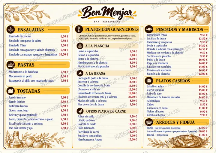 Interior de la carta de platos con ensaladas, carnes a la brasa, pescados, platos caseros y arroces