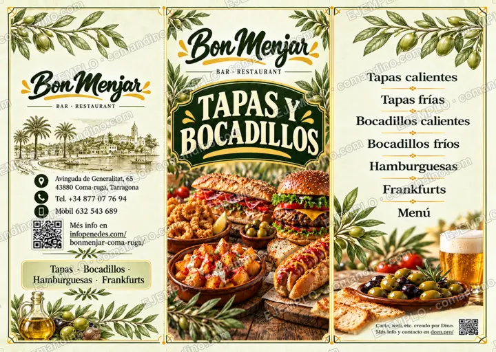 Diseño de carta de tapas y bocadillos en tríptico para el bar restaurante Bon Menjar de Coma-ruga, exterior