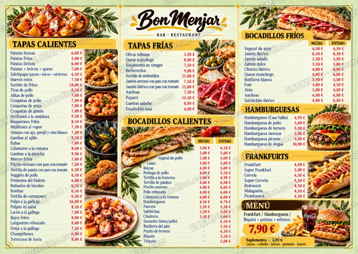 Interior de la carta de tapas, bocadillos, hamburguesas y frankfurts del Bon Menjar de Coma-ruga