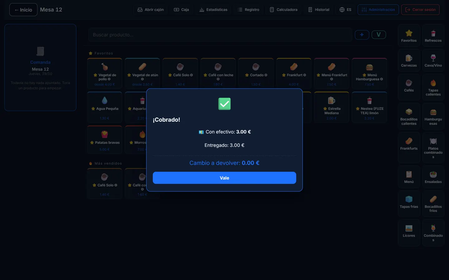 Cobro completado con el cambio a devolver