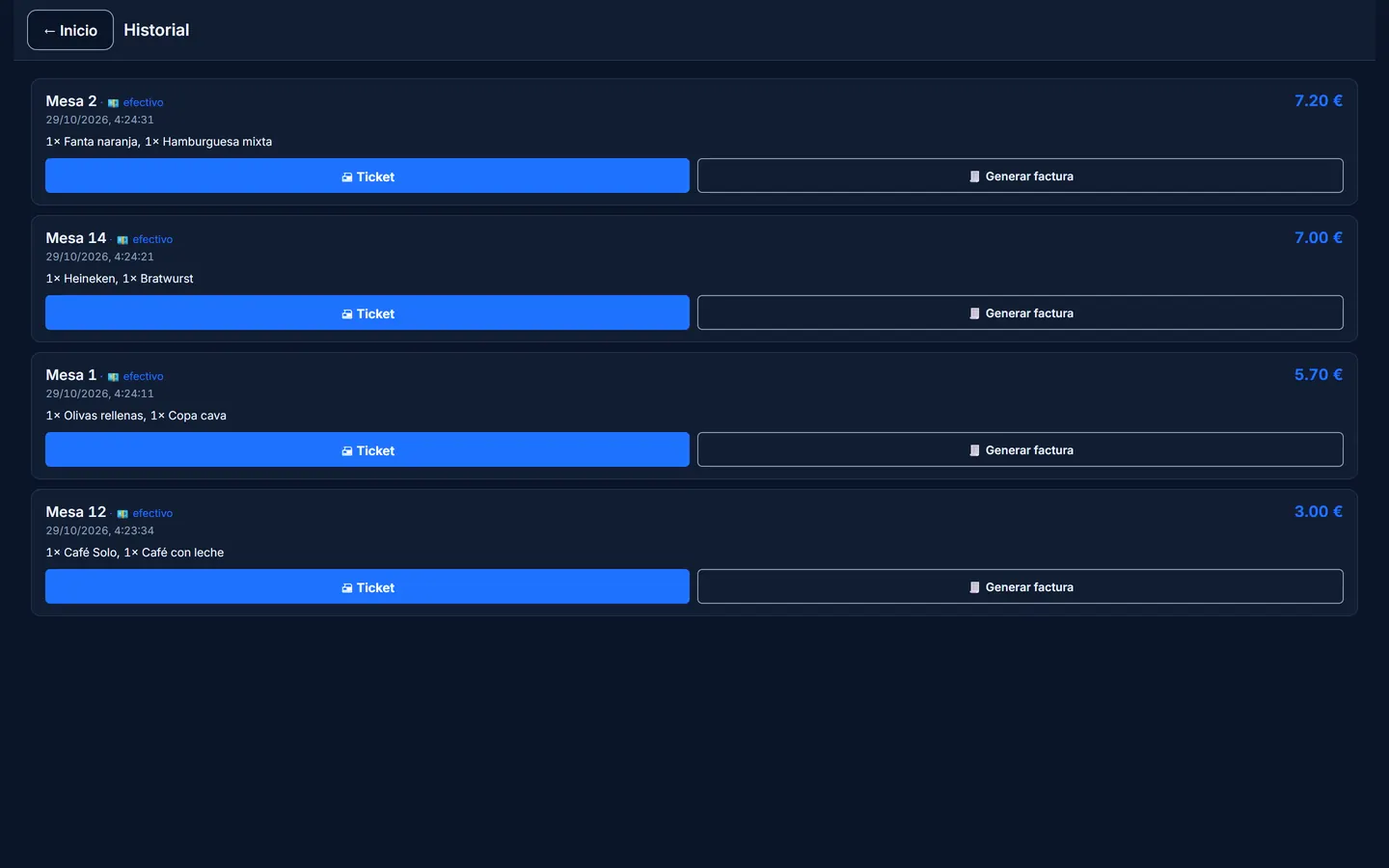 Historial de ventas con reimpresión de ticket y generar factura
