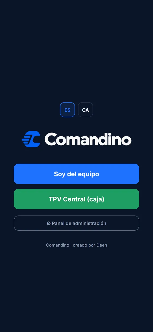 Pantalla de entrada: equipo, TPV central y administración