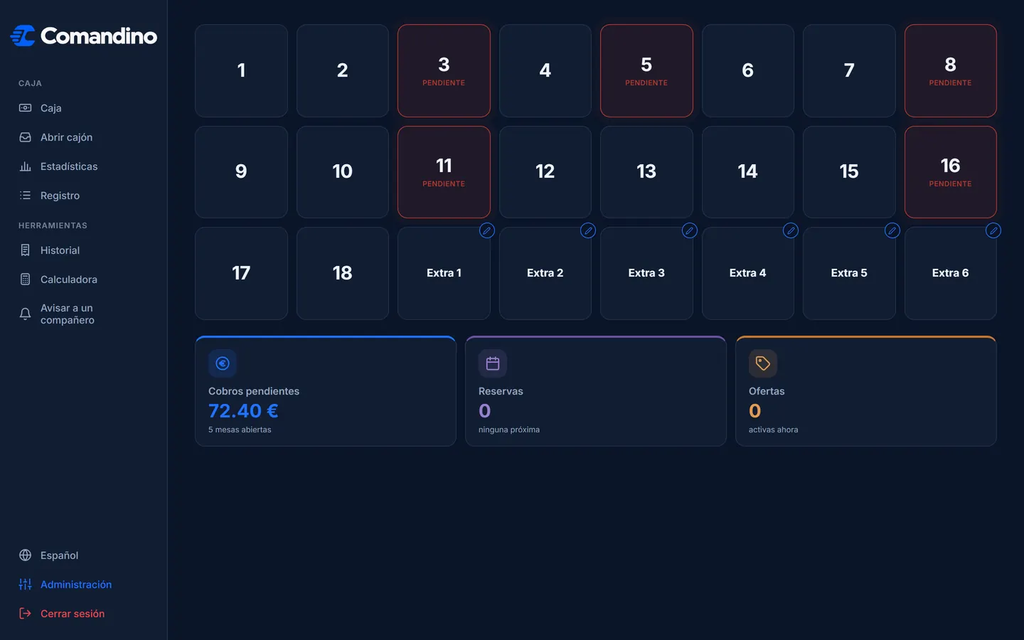Software TPV Comandino: plano de sala con las mesas abiertas y los cobros pendientes