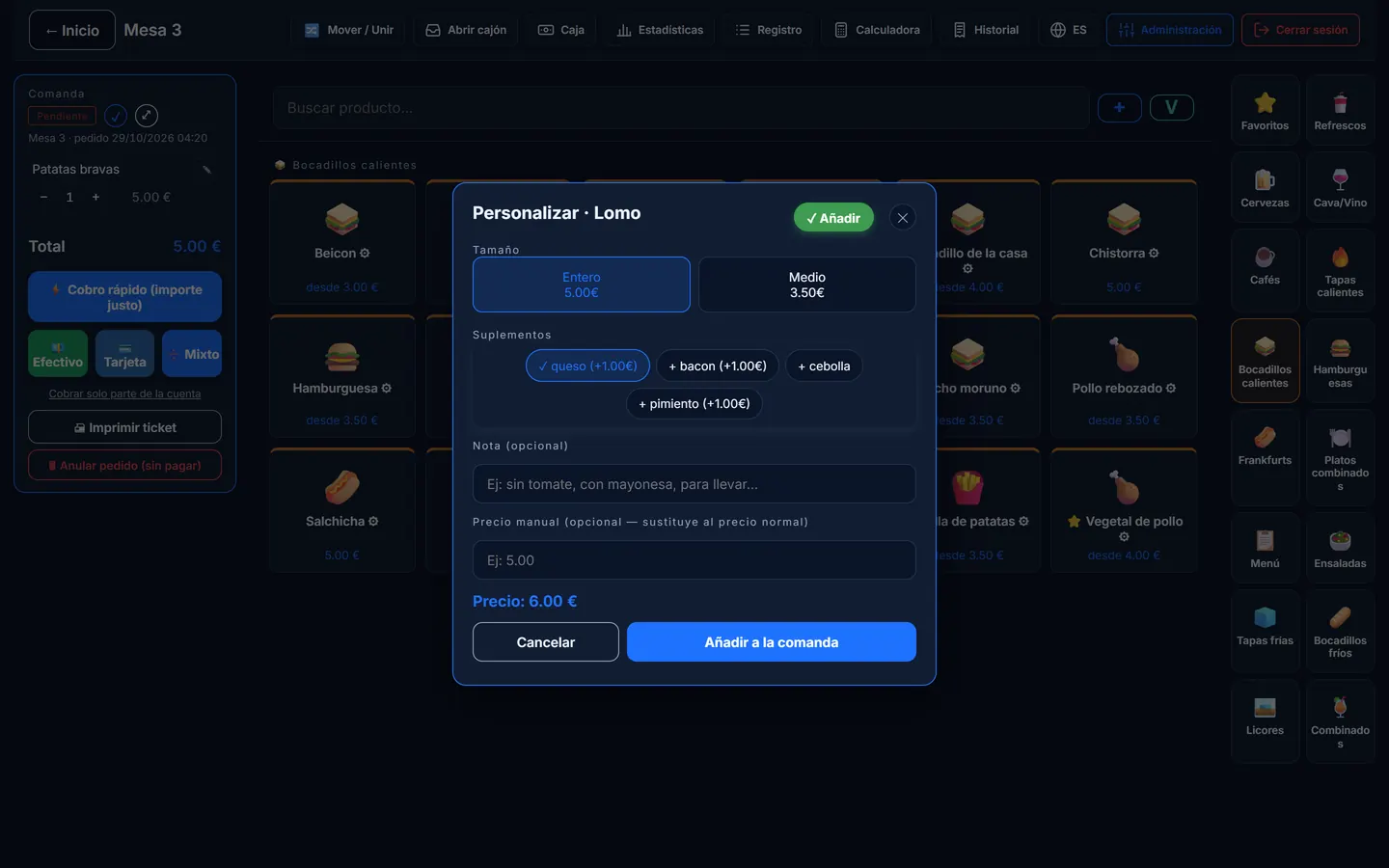 Personalizar un producto: tamaño entero o medio y suplementos