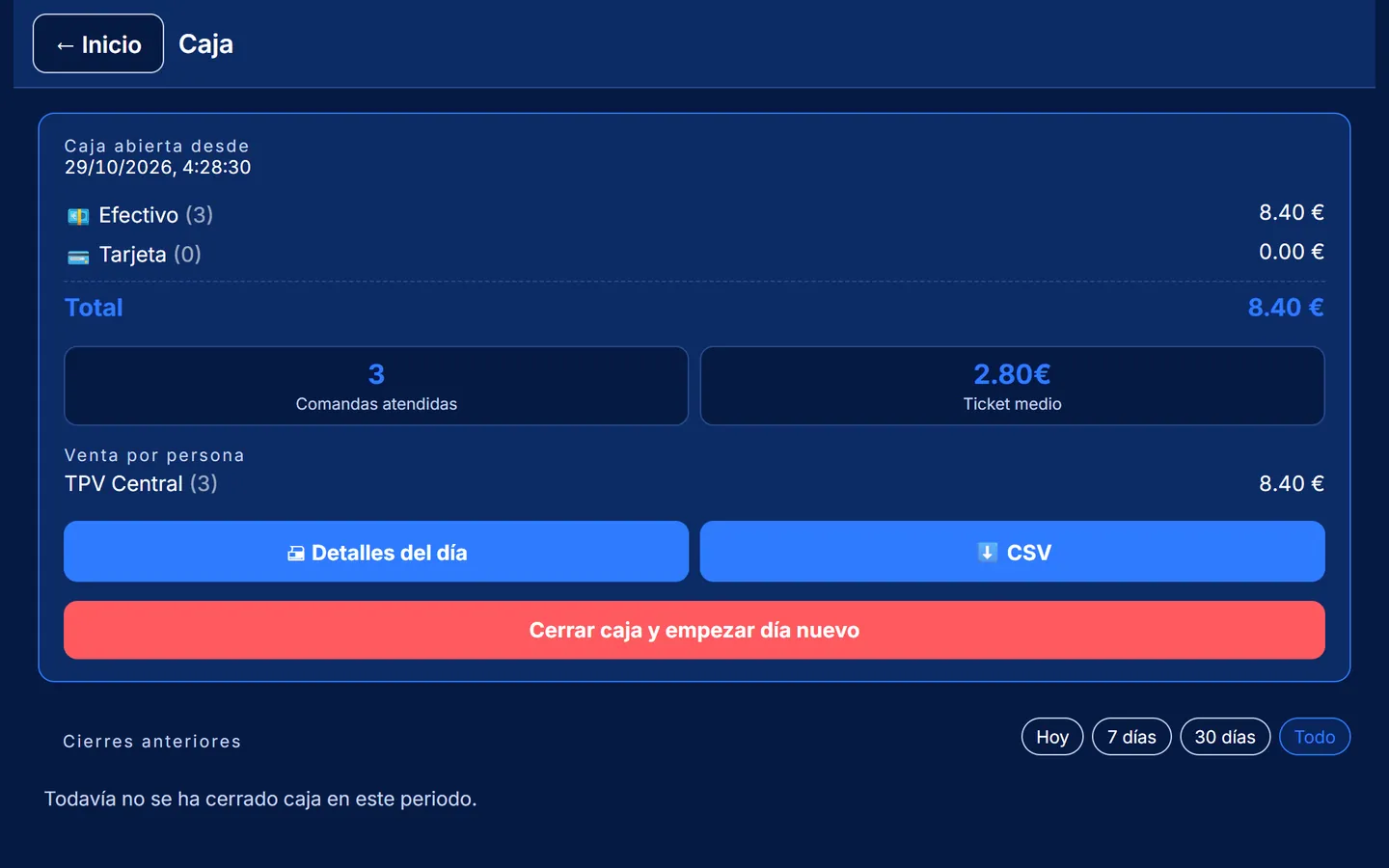 TPV para bar Comandino: pantalla de caja con los cobros del día