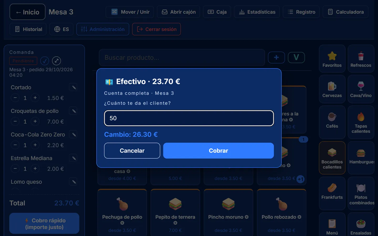 Cobro en efectivo en el TPV para bar con el cambio calculado