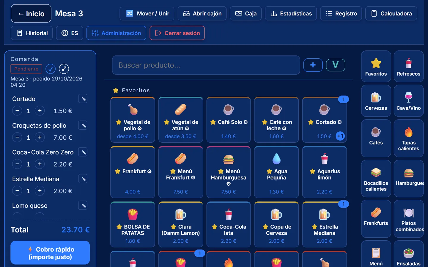 Comandero digital Comandino: comanda de una mesa con sus productos