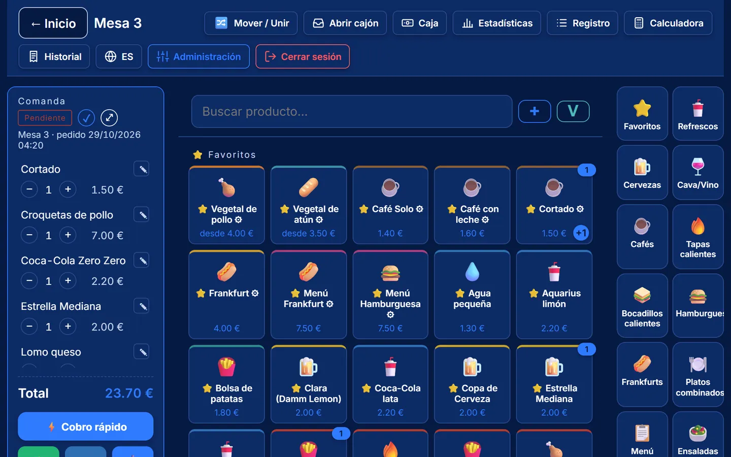 Comandero digital Comandino: comanda de una mesa con sus productos