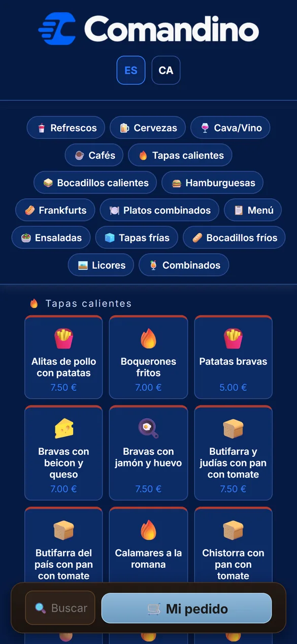 Carta digital QR de una cafetería en el móvil
