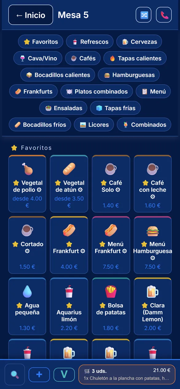 Comandero digital en el móvil del camarero