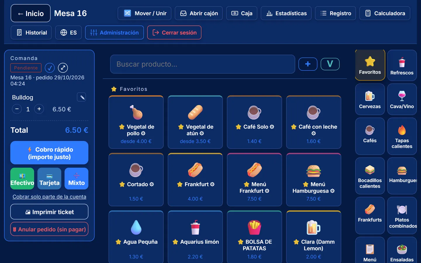 TPV para cafetería Comandino: productos en favoritos para cobrar rápido