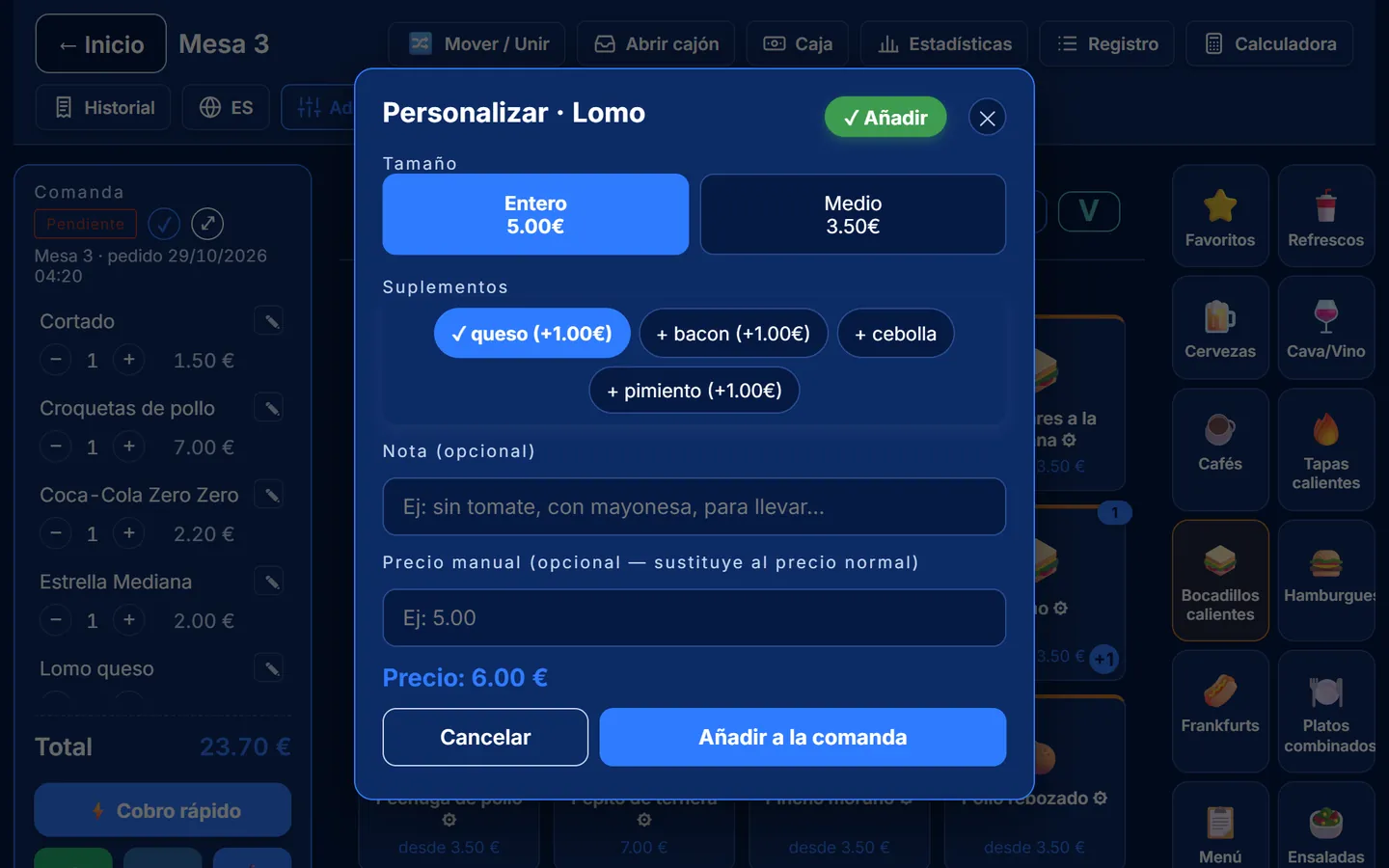 Elección de variantes y suplementos en el comandero digital